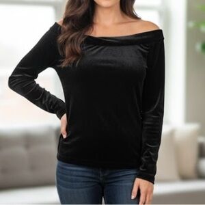 Lands’ End Black Velvet Long Sleeve Top Draped Square Neck Velour Quite Luxury